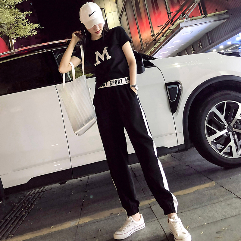 Sports and leisure suit women's summer 2020 foreign style thin fashion trend loose tide brand high waist two-piece net red