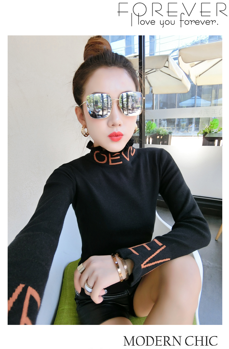 Mùa thu đông 2018 mới cộng với áo len tai gỗ nhung của phụ nữ phối màu phù hợp với áo thun nửa cổ cao tay dài đan đáy áo khoác len