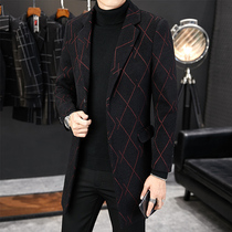 Wool coat mens Korean version plaid medium-long coat Mens windbreaker autumn and winter new youth British style