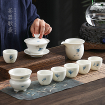 Lard white Kung Fu tea set Cover bowl tea set Chinese white porcelain complete set of Kung Fu tea Household ceramic tea set