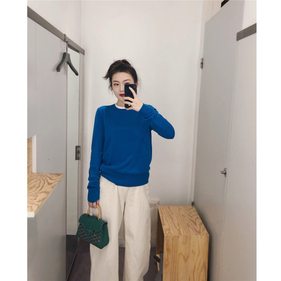 yjiid homemade 24 spring and autumn new basic round neck pullover royal blue wool sweater top for women