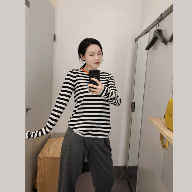 yjiid homemade 23 spring and summer new loose slimming striped round neck all-match pure cotton T-shirt bottoming shirt for women