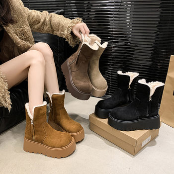 Thick-Soled Snow Boots for Women, 2025 Winter New Style, Side Zipper, Fleece-Lined, Thickened Short Boots, Fashionable and Warm Cotton Shoes