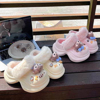 Fleece-Lined Clogs for Women, Thick-Soled, Height-Increasing Eva, Outdoor Wear, Warm, Cute Cartoon Plush, Dual-Use Home Cotton Slippers for Women