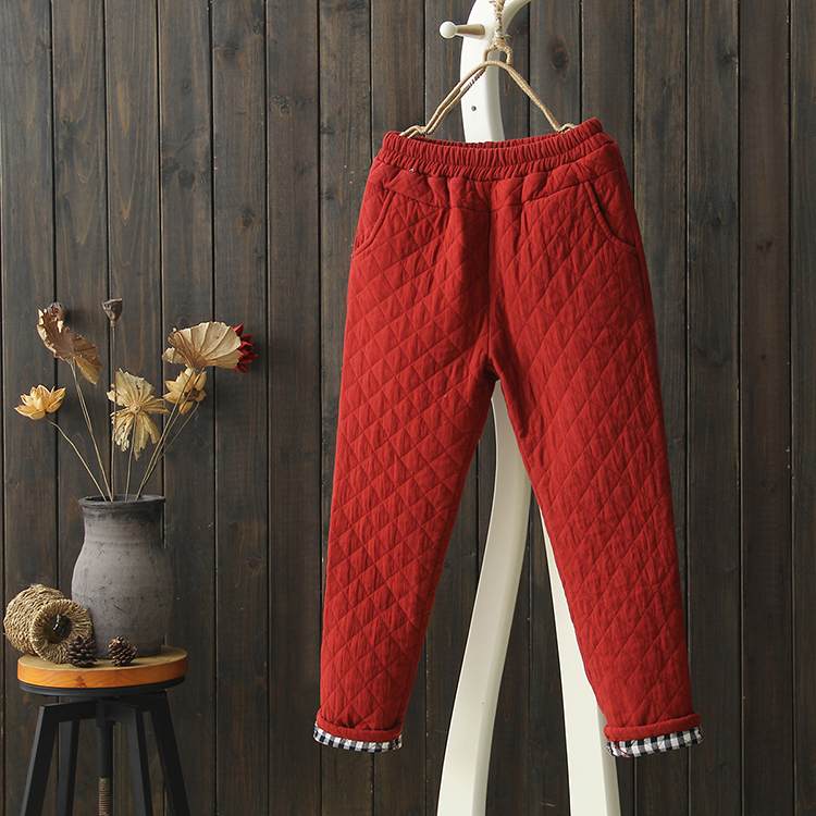 Quần cotton nữ bán nước hoa mùa đông lỏng lẻo và vải lanh dày mặc giản dị quần chần gió quốc gia retro kẻ sọc quần harem quần ống rộng nữ