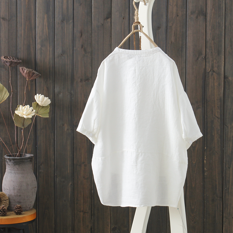 Áo sơ mi nửa mùa hè 2019 mới dành cho nữ áo ngắn tay nữ đứng cổ áo rộng bằng vải cotton và áo choàng nửa tay - Áo sơ mi áo sơ mi nữ dài tay màu trắng