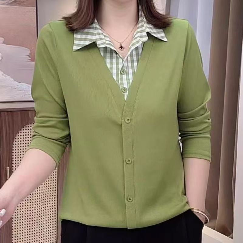 Autumn New Design Stylish Lapel Versatile Shirt for Women with Patchwork Plaid Collar Fake Two-Piece Long-Sleeve Blouse Autumn New Design Stylish Lapel Versatile Shirt for Women with Patchwork Plaid Collar Fake Two-Piece Long-Sleeve Blouse