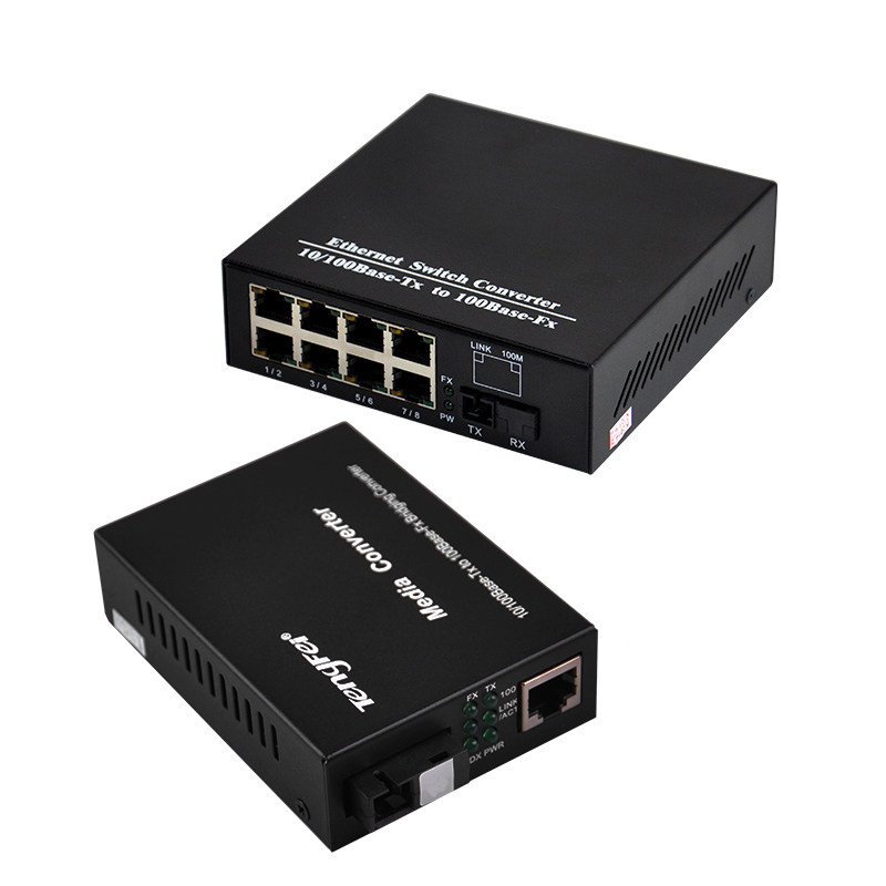 100m Single-Mode Single-Fiber One-Optical-One-Electrical + 1-Optical-8-Electrical Fiber Optic Transceiver Photoelectric Converter Digital Monitoring Combo