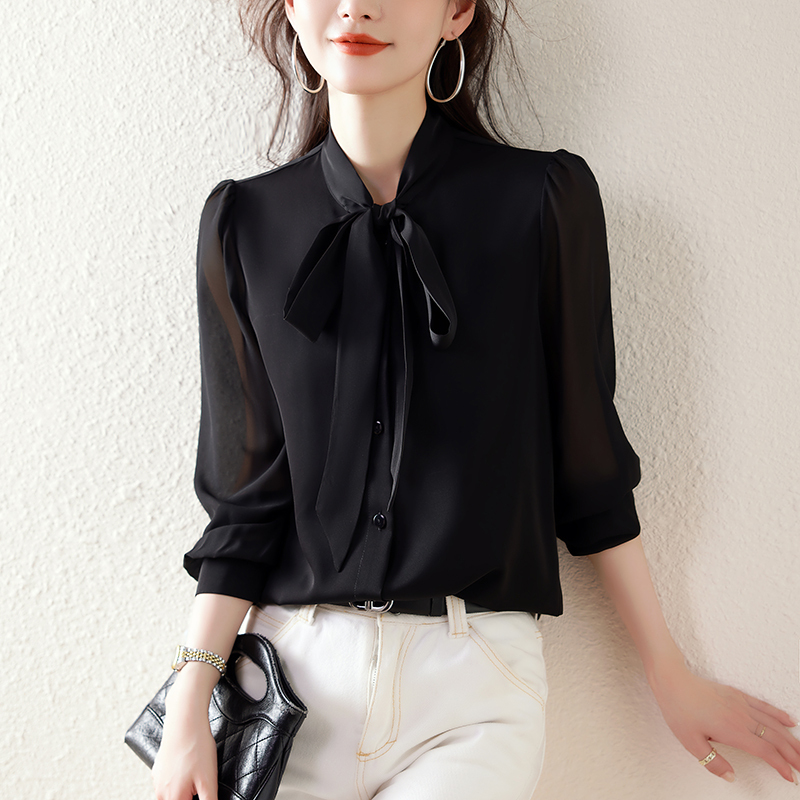 Black Silk Shirt for Women, Long-Sleeved, 2026 Spring and Autumn New Style, Light Luxury, High-End Feel, Ribbon Shirt, Mulberry Silk Top Black Silk Shirt for Women, Long-Sleeved, 2026 Spring and Autumn New Style, Light Luxury, High-End Feel, Ribbon Shirt, Mulberry Silk Top