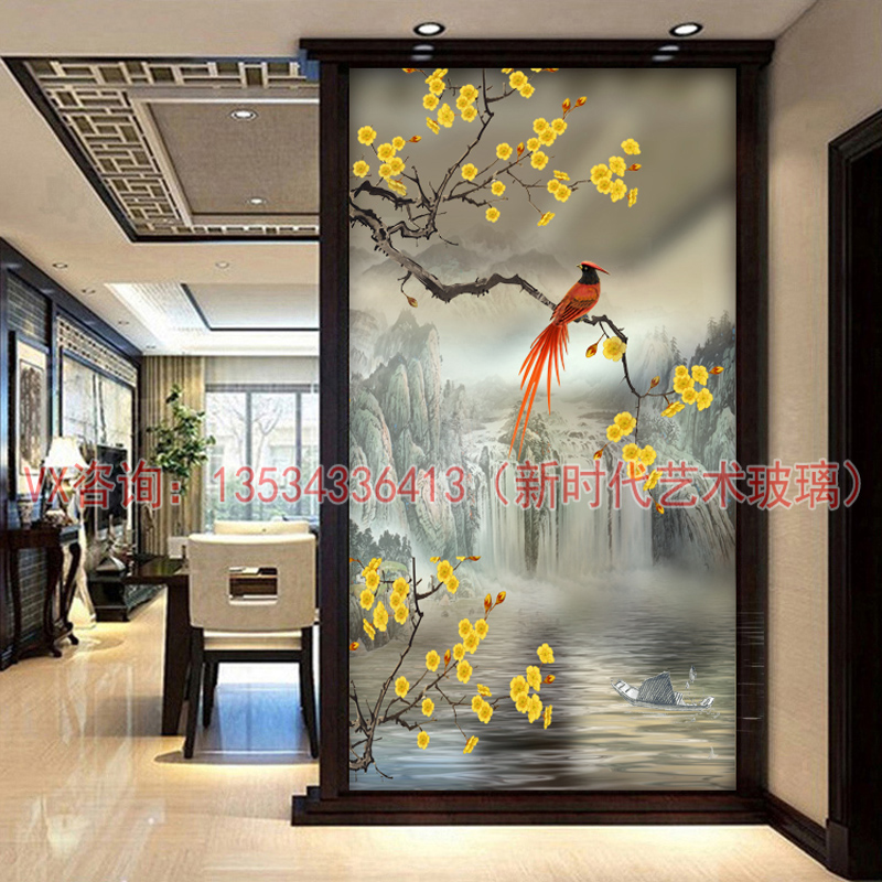 New Chinese Art Glass Partition Screen Light Transmission Frosted Steel Chemical Process Landscape Genguan Background Wall Custom