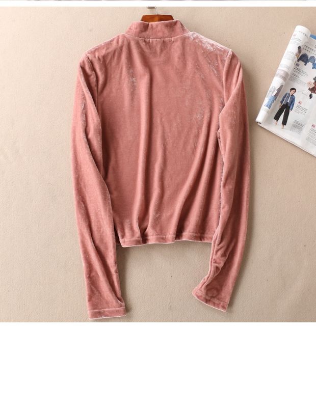 Mùa thu retro cổ cao nửa nhung vàng T-top hoang dã áo thun ngắn tay dài tay nữ đáy B566 áo thun nữ hàn quốc