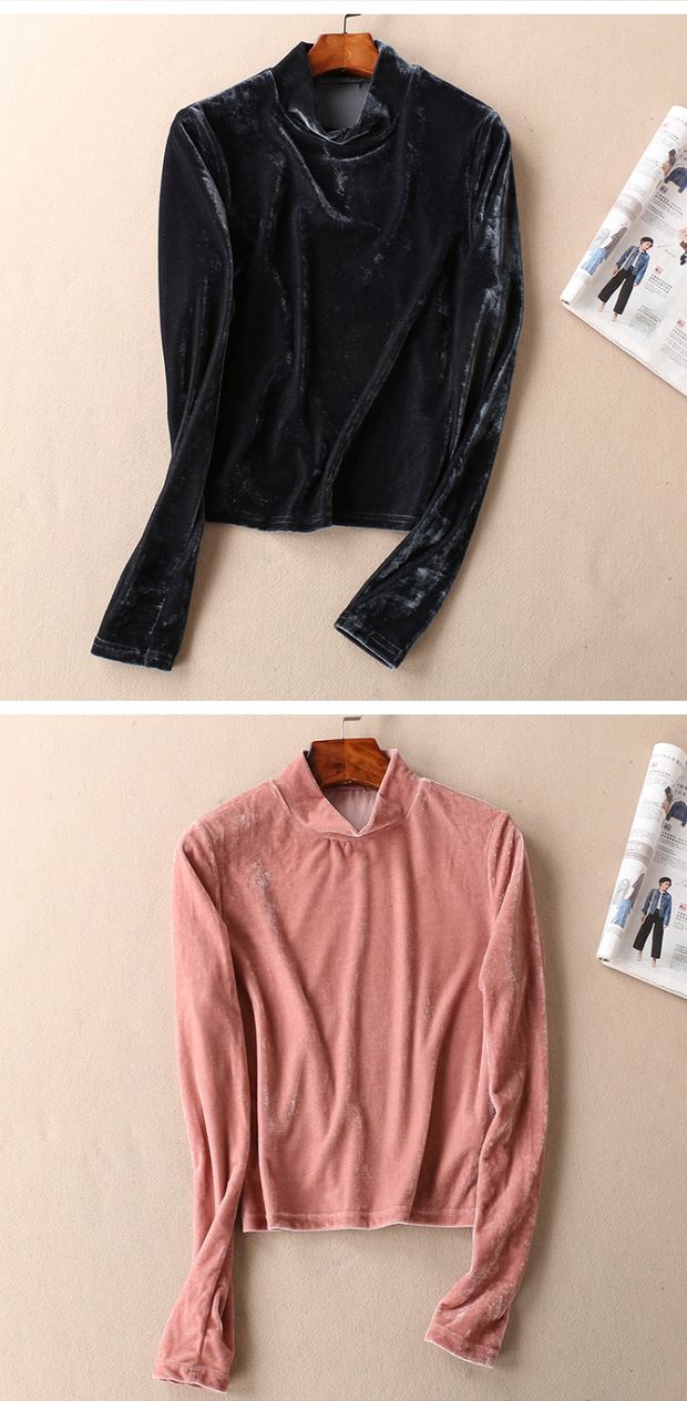 Mùa thu retro cổ cao nửa nhung vàng T-top hoang dã áo thun ngắn tay dài tay nữ đáy B566 áo thun nữ hàn quốc