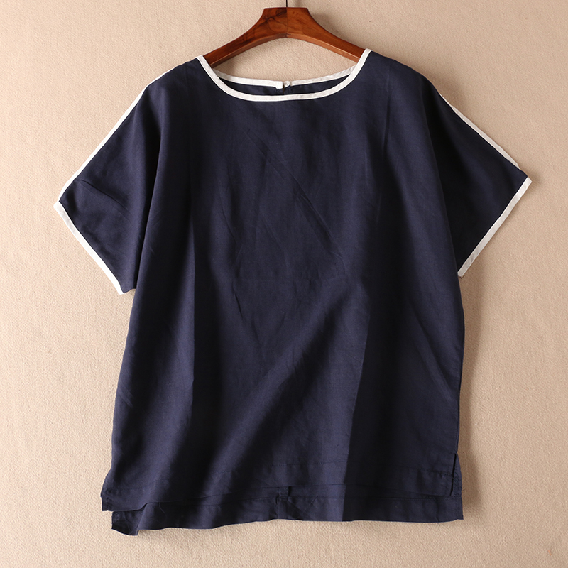 Thời trang tương phản của phụ nữ Amoi màu sắc cổ tròn áo thun cotton rộng đơn giản áo sơ mi đa năng WA3148 - Cộng với kích thước quần áo áo sơ mi nữ kiểu