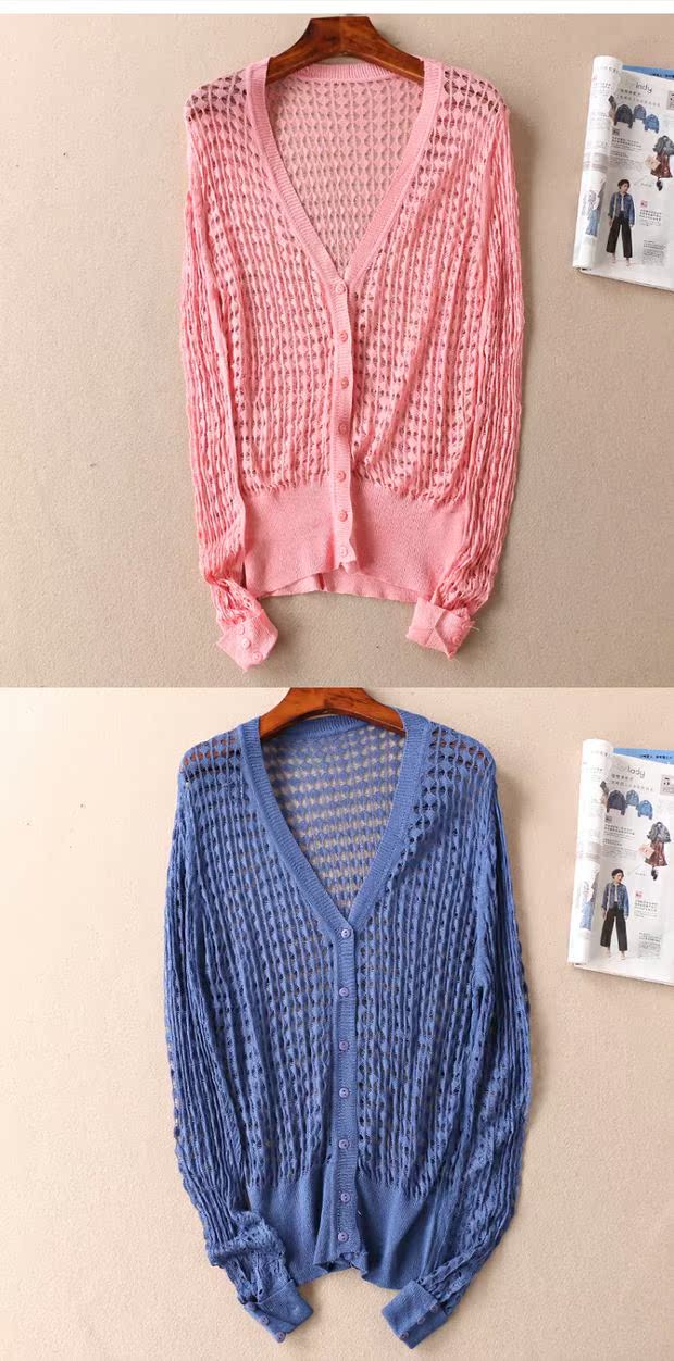 Đầu mùa thu nữ mỏng mảnh móc hoa rỗng đa năng thanh lịch mỏng cổ chữ V áo len dài tay Áo khoác cardigan B504 áo len cổ lọ form rộng