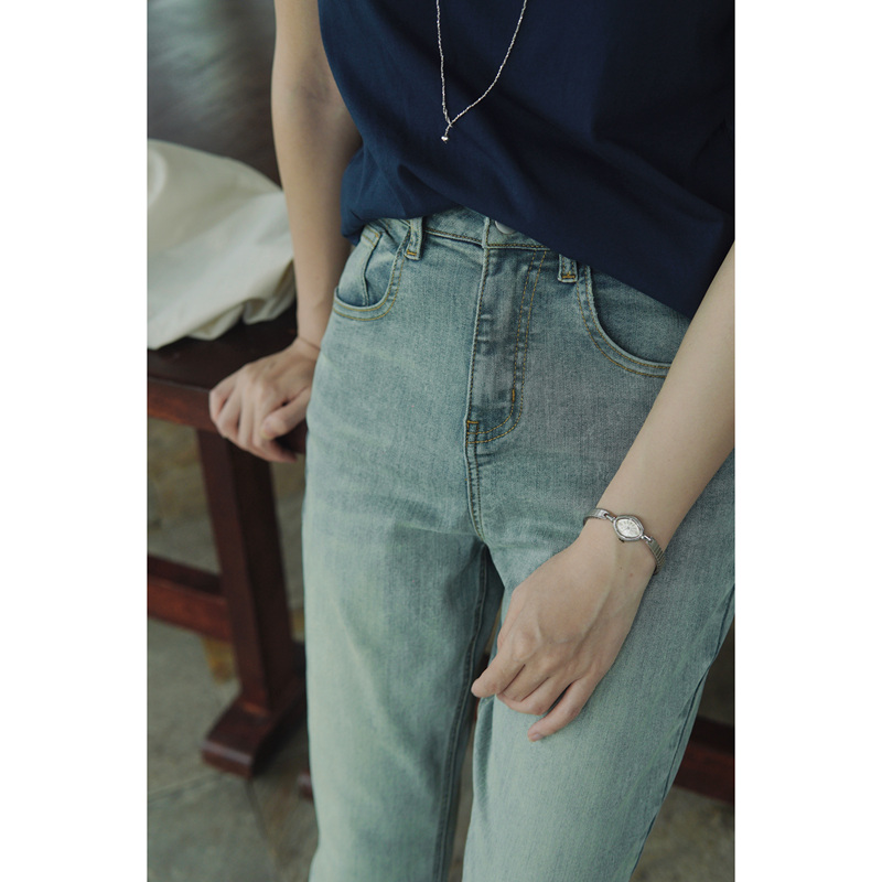 Self a Part Turkish Imported Orta Distressed Washed Frayed Hem Thin Straight-Leg Jeans