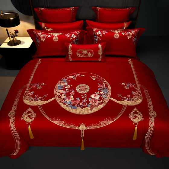 140支婚庆四件套全棉纯棉大红床单被罩结婚床上用品新婚喜被陪嫁