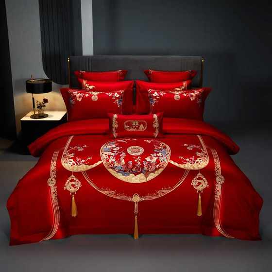 140支婚庆四件套全棉纯棉大红床单被罩结婚床上用品新婚喜被陪嫁