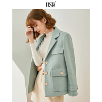 Osa suit collar woolen coat women short 2021 New Autumn Haze blue double-sided tweed coat Korean version loose