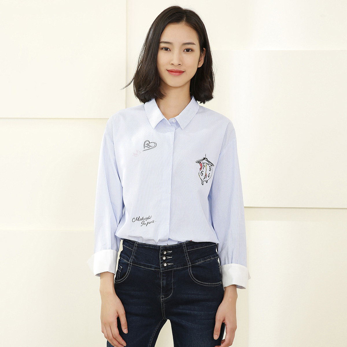 OSA欧莎女装2017春装新品印花 经典条纹百搭衬衫A12058