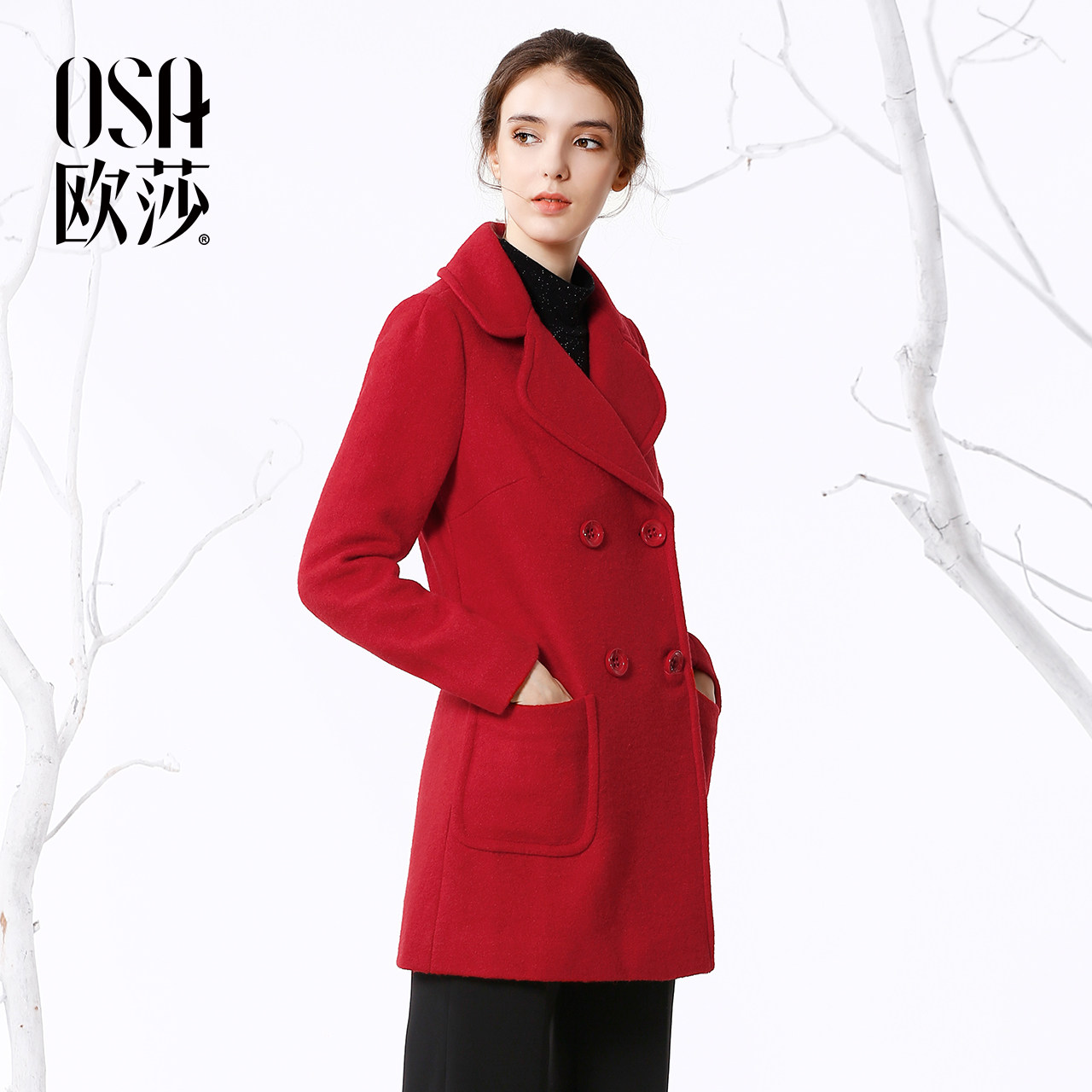 OSA欧莎女装冬装西装领中长款红色毛呢外套女D21108