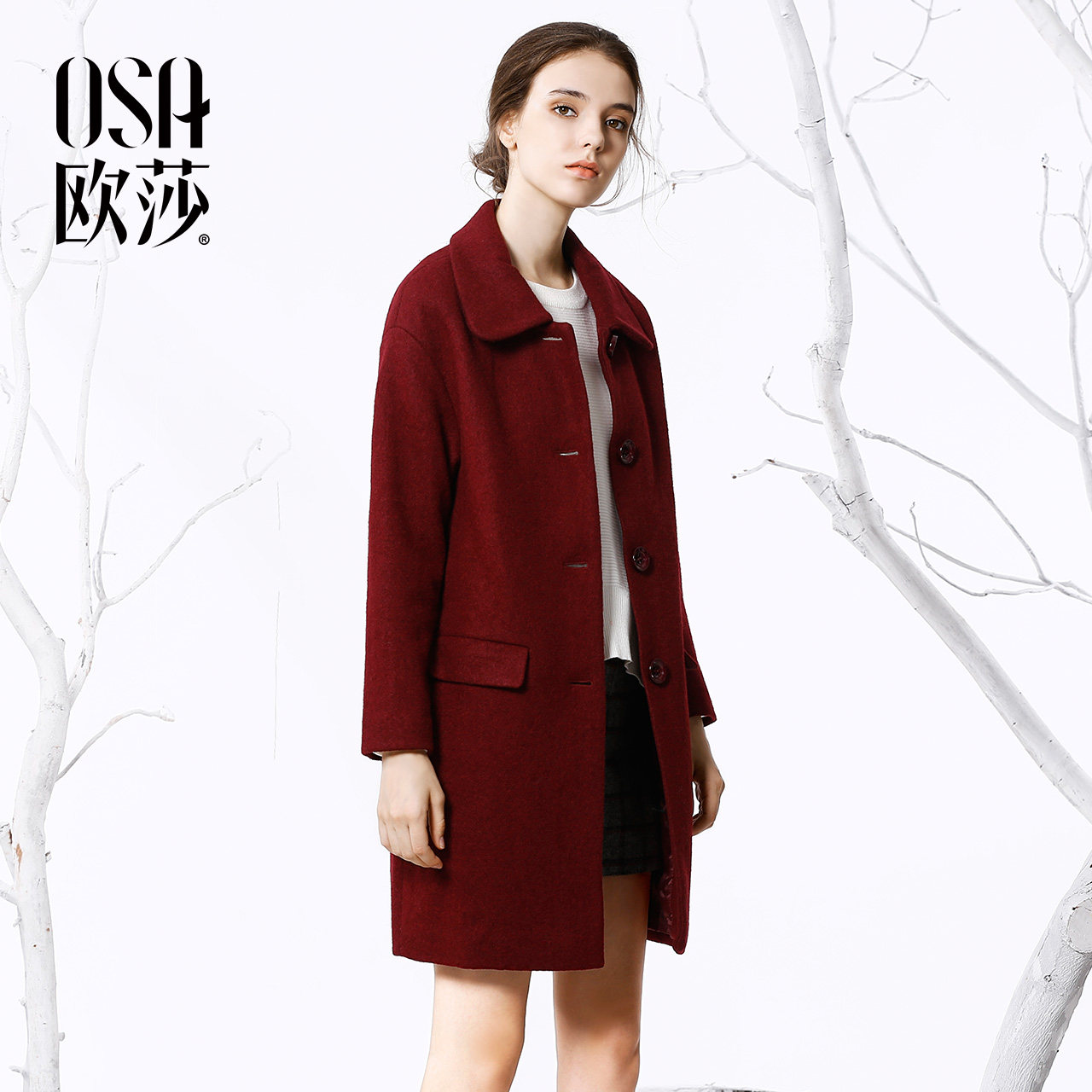 OSA欧莎冬季女装 翻领单排扣百搭中长款毛呢外套女韩版D21126