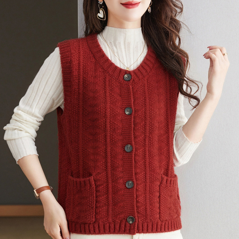 Red Small-Sized Knitted Vest for Women, Autumn Round-Neck Sleeveless Cardigan Sweater, High-Waisted Shawl Vest