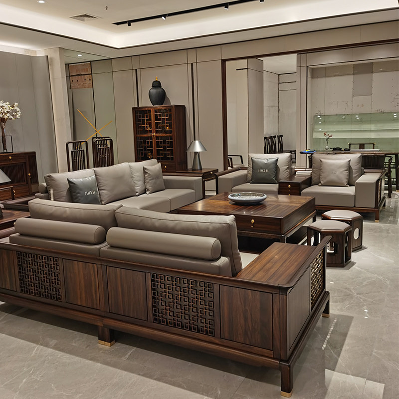 New Chinese style ebony wood office sofa villa model room living room light luxury carved large apartment leather art sofa atmosphere