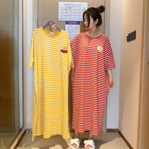 Over-the-knee long striped nightgown for women summer short-sleeved cotton pajamas fat MM 200 pounds large size loose maternity home clothes