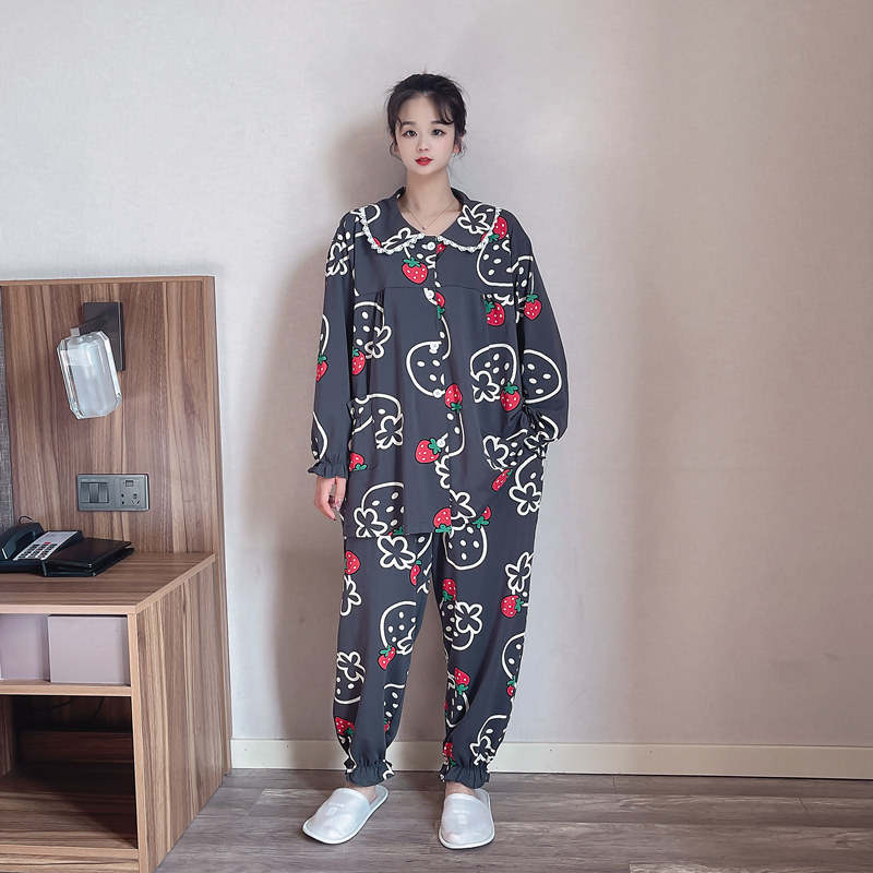 Strawberry cardiovert plus hypertrophy yard pyjamas 220 catties pure cotton spring autumn long sleeves length pants Fat younger sister Home Suits Suit-Taobao