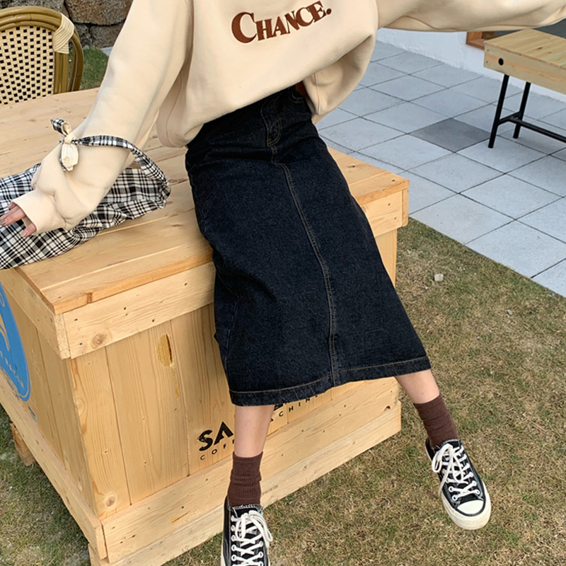 Black skirt women's spring and autumn 2021 new Korean chic denim skirt high waist A word thin split skirt