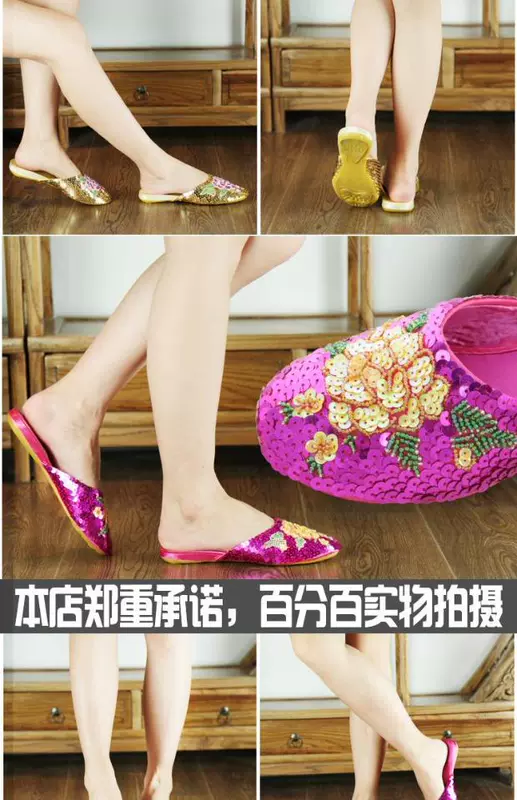 Jinxiu chính hãng xuân hè mới Baotou nữ kéo dép thêu tay tinh khiết cũ giày vải Bắc Kinh giày đế bằng sequin - Dép