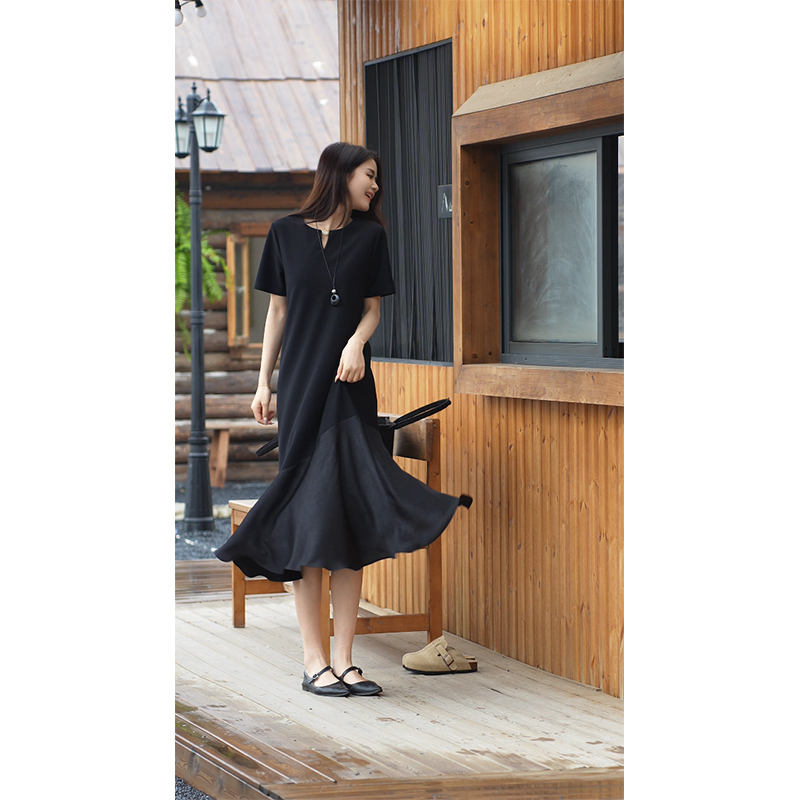 Qiyuan Plus Size Patchwork Flared Mermaid Short Sleeve Dress 2026 Spring/Summer New Loose Fit Elegant Versatile Midi Dress