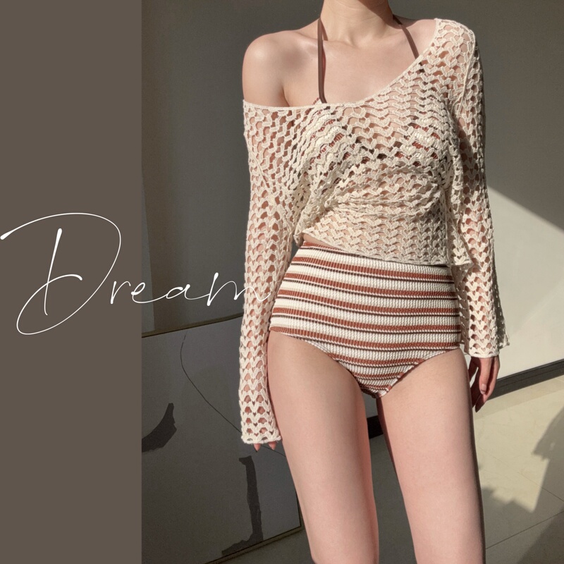Dream Swimsuit for Women: Lazy Striped Bikini Three-Piece Set with Knitted Hollow Cover-Up, Off-Shoulder Slimming Outfit