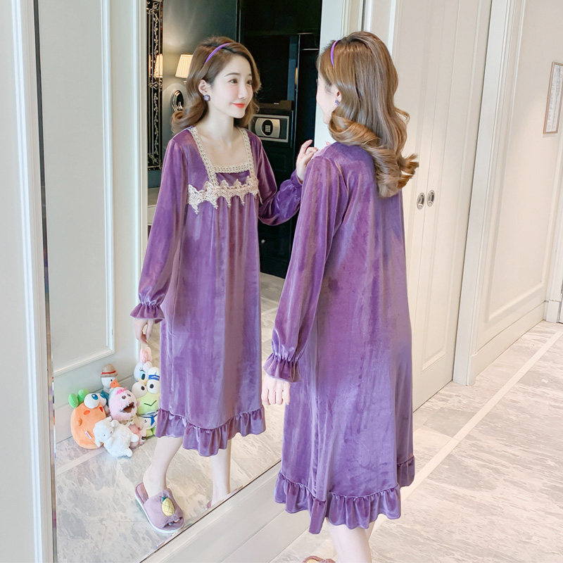 Golden Velvet Long Sleeve Sleeping Dress Woman Spring Autumn Long Version Over Knee Ankle Long Dress Coral Suede Purple Pyjamas 2021 New