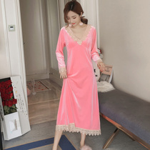 Sleeping Dress Lady Spring Autumn Golden Velvet Long Sleeves Long to Ankle Sexy Princess Wind Coral Suede Pajamas 2021 New