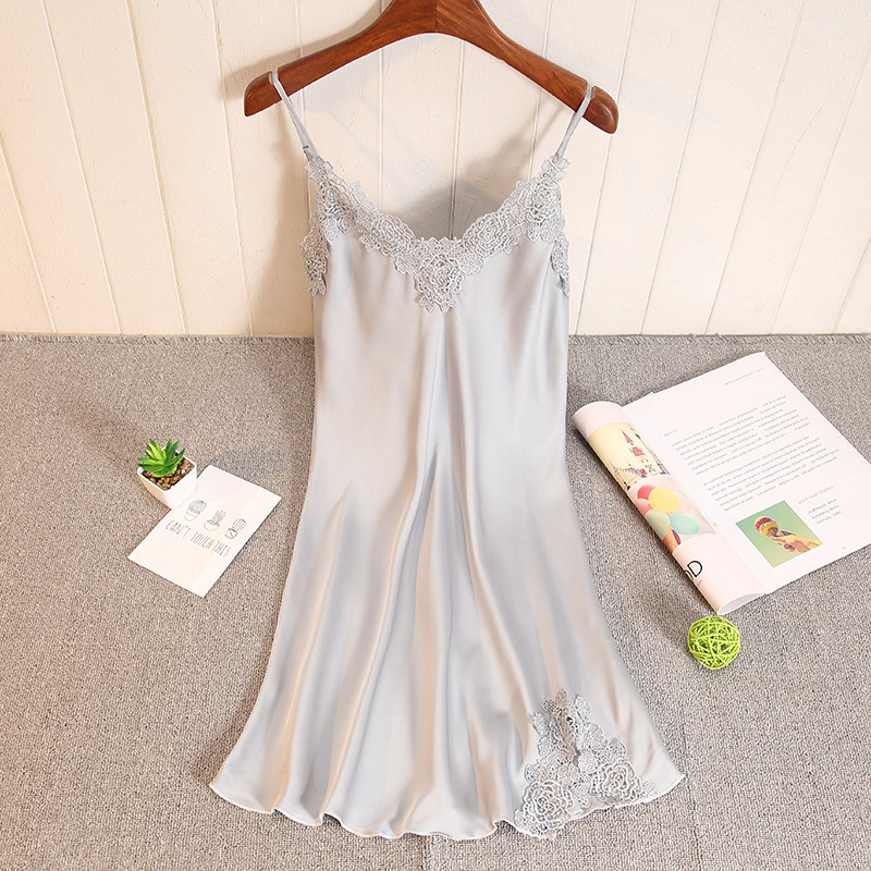 Ice Silk Sleeping Skirt Woman Summer Harness Sexy Real Silk Lace Girl Sweet and cute mid-length version of a little sexy pyjamas