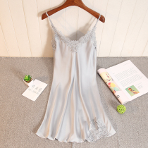 Ice Silk Sleeping Dresses Women Summer Harnesses Sexy Real Silk Lace Girl Sweet and cute mid-length thin and sexy pyjamas