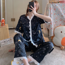 Summer pajamas women 2021 new short sleeve trousers Ice Silk thin silk sweet can wear home suit