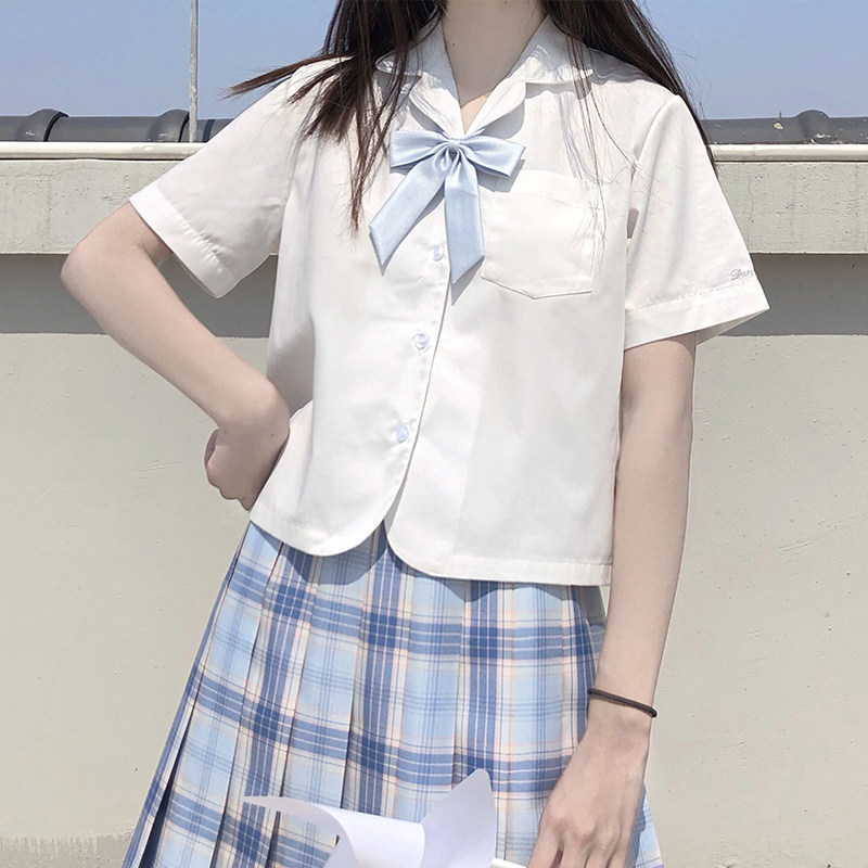 Spot Wood Hibiscus Woman Changed Version Straight Original Student Uniform Open Flap Short Sleeve Short shirt Summer