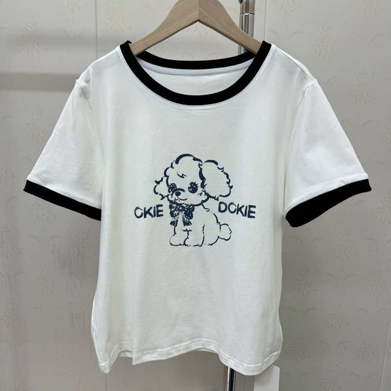 Xiao Niu Xiao Niu 2025 Spring/Summer New Crayon Dog Vintage Color-Block Print T-Shirt Versatile Short-Sleeve Top