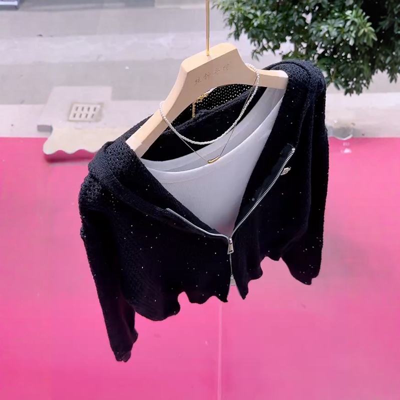 Black Elegant High-End Hollow-Out Sequin Sweater Cardigan for Women, New Autumn Korean Fashion Stylish Knit Cardigan