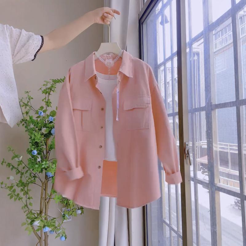 Pink Denim Shirt Jacket for Women, Early Autumn New Style, Loose and Versatile Cardigan, Petite Top, Polo Shirt