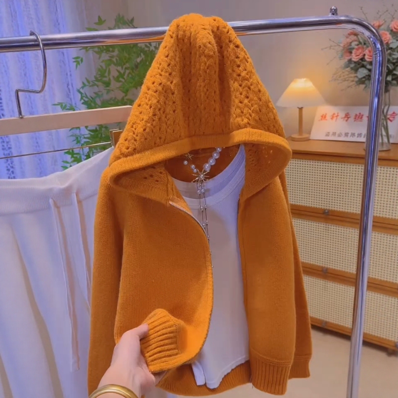 Pumpkin Orange Korean Style Lazy Style Sweater Cardigan Jacket for Women Autumn and Winter Double Zipper Loose and Versatile French Style Knitwear