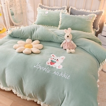 Winter cloth embroidered rabbit milk velvet bed four-piece flannel sheets quilt cover baby coral velvet bed hats