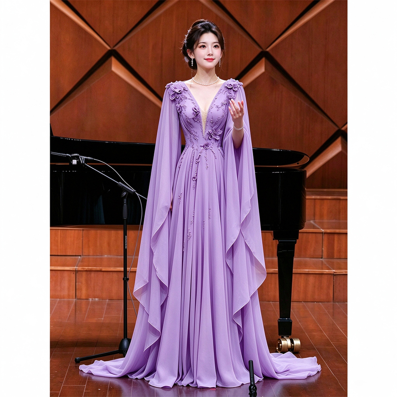 Purple Host Dress, Dignified and Elegant, 2026 New Model, Traditional Vocal Performance Costume, Guzheng Performance Solo Performance Outfit