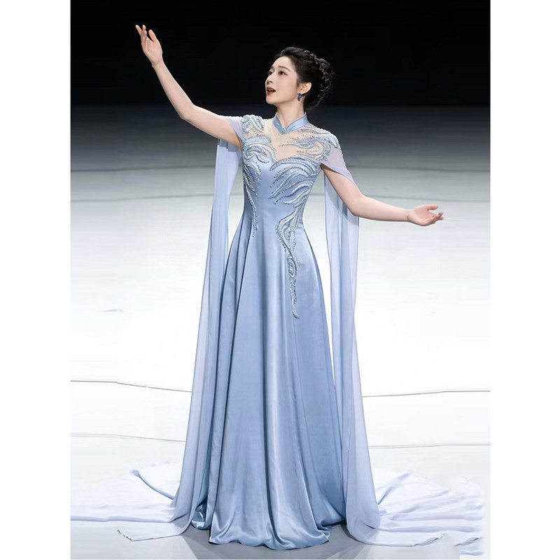Blue Traditional Chinese Style Guzheng Performance Dress, High-End and Elegant Host Costume, Heavily Crafted Ethnic Vocal Performance Outfit for Solo Performances