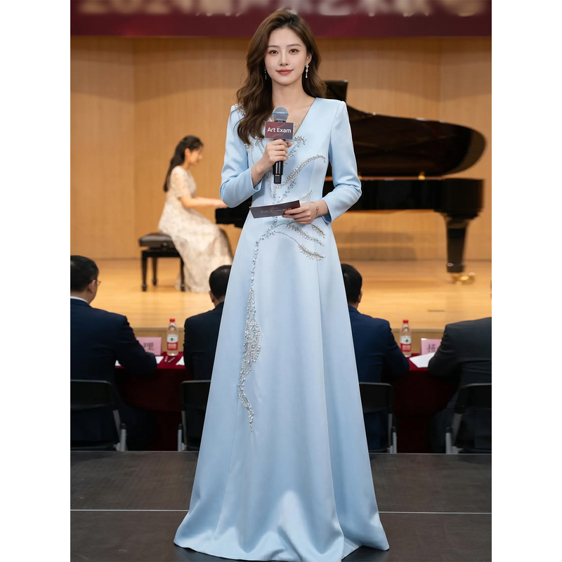 Blue Host Gown, Dignified and Elegant, 2026 New Model, Performance Outfit for Ethnic Vocal Arts Exam, Annual Meeting, Solo Singing, and Conducting Blue Host Gown, Dignified and Elegant, 2026 New Model, Performance Outfit for Ethnic Vocal Arts Exam, Annual Meeting, Solo Singing, and Conducting