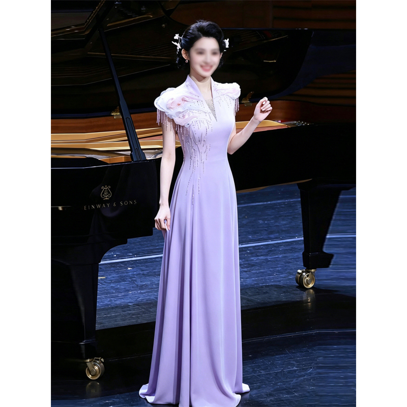Purple Evening Gown with a High-End Feel, Suitable for Ethnic Vocal Performances, Solo Performances, and Elegant Banquets, as Well as a Host's Formal Attire Purple Evening Gown with a High-End Feel, Suitable for Ethnic Vocal Performances, Solo Performances, and Elegant Banquets, as Well as a Host's Formal Attire