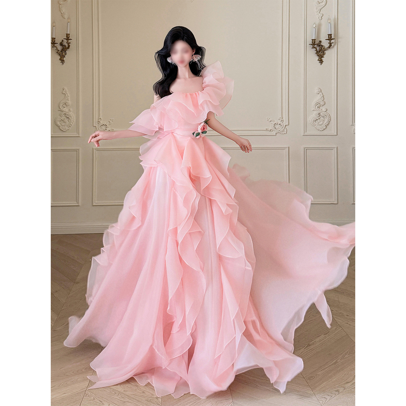 Pink Evening Gown, Bridal Robe, Engagement Toast Dress, Light Luxury Birthday Adult Ceremony Princess Dress, Super Fairy Dress