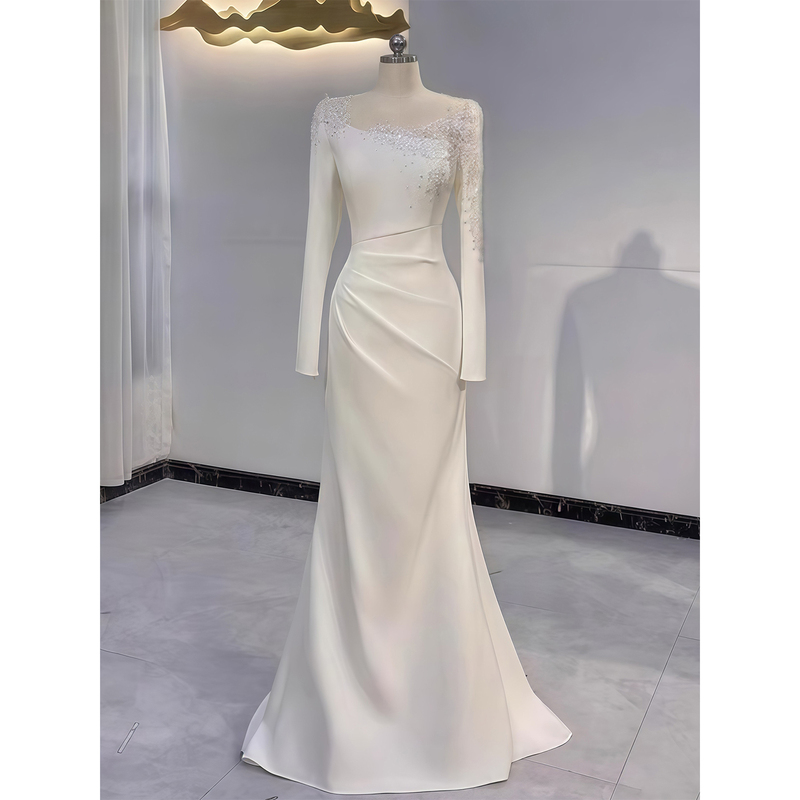 High-End Evening Dress, White Long-Sleeved, Light Luxury, Niche, Annual Meeting Host, Art Exam Solo Performance, Dignified and Elegant Fishtail Dress High-End Evening Dress, White Long-Sleeved, Light Luxury, Niche, Annual Meeting Host, Art Exam Solo Performance, Dignified and Elegant Fishtail Dress